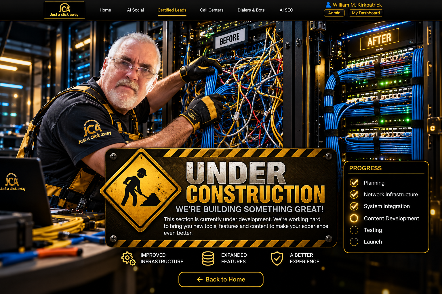 JustAClickAway network engineer untangling CAT5 spaghetti and building a cleaner network
